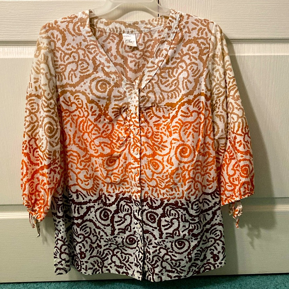 Just My Size 2XL button-down orange/brown ombré V-neck boho blouse